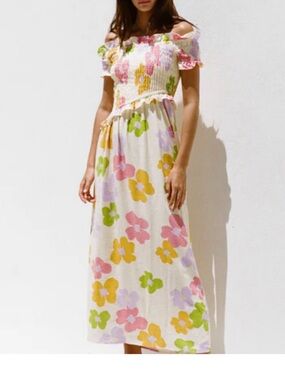 Sabo skirt Yellow Floral Off-Shoulder Smoked upper Maxi Dress Size AUS L, US 6